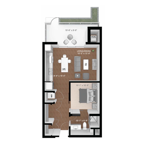 Floor plan for studio, 1 bath, 658 sqft